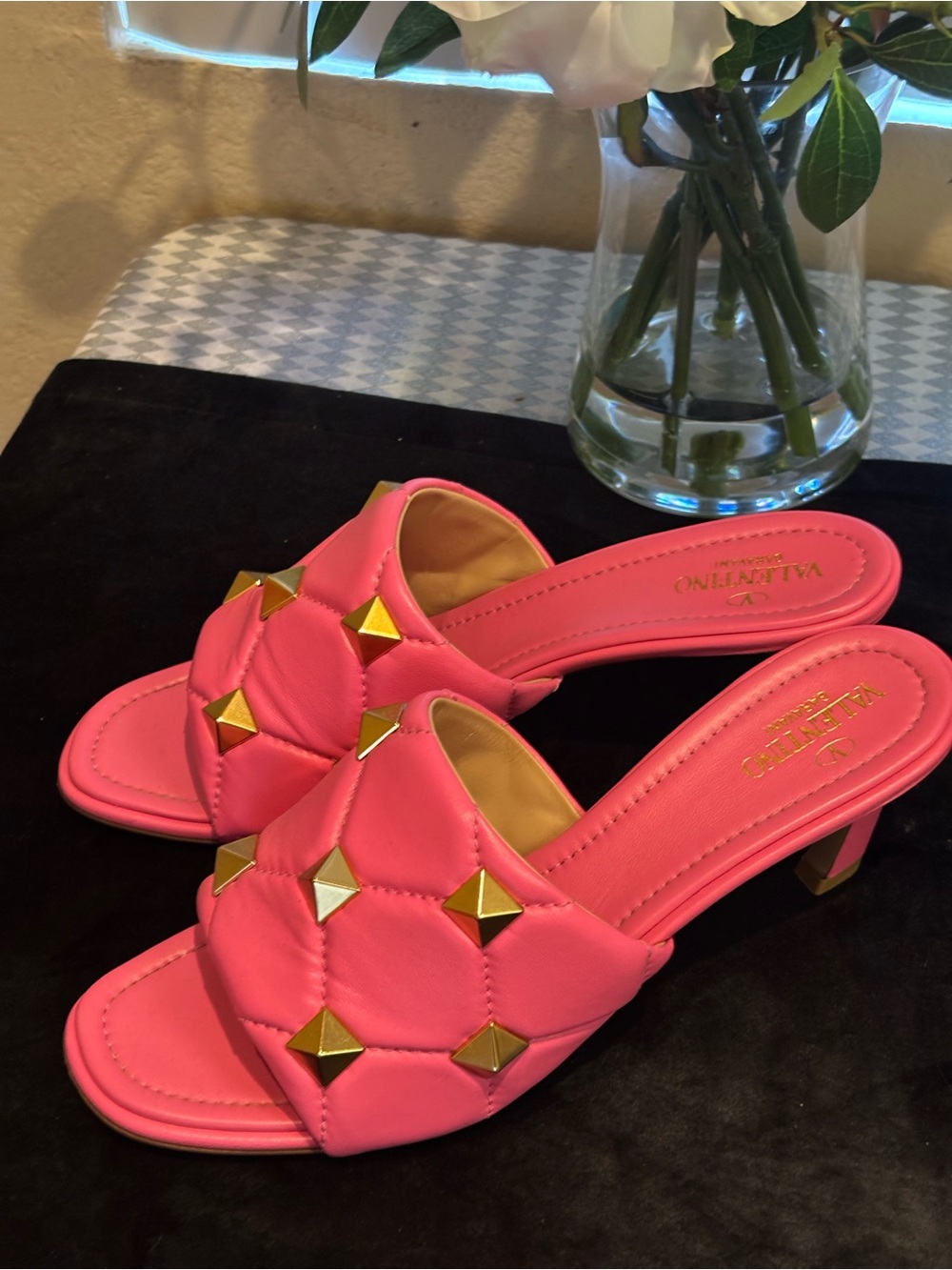 Valentino Hot Pink Quilted Slide Mules with Gold Pyramid Studs